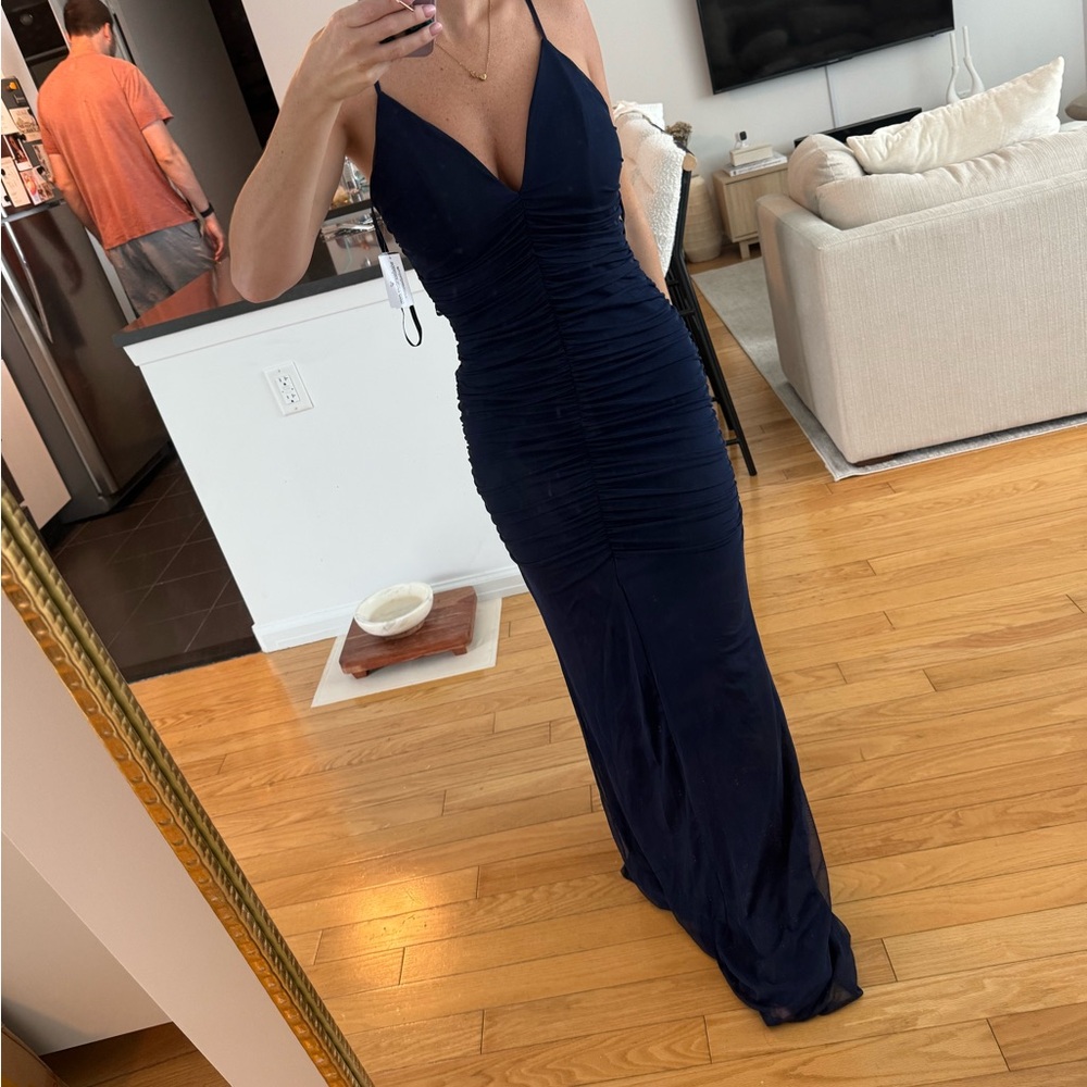 Navy blue ruched Windsor dress